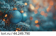 Christmas holiday blue background. Slow motion footage Christmas tree balls hanging At Fir Branch With Defocused Lights In The Night, copy space. congratulation card. Стоковое AI-видео, аниматор Ирина Михайличенко / Фотобанк Лори