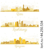 Bari Italy, Kaohsiung Taiwan and Gurgaon India City Skyline Silhouettes with Golden Buildings Isolated on White. Стоковая иллюстрация, иллюстратор Игорь Сорокин / Фотобанк Лори