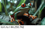 A close up of a green and red frog sitting on top of some leaves, AI. Стоковое AI-изображение, AI-художник Сергей Старуш / Фотобанк Лори