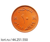 Монета султаната Оман 10 байса 2008 года, реверс на белом фоне крупным планом. Стоковое фото, фотограф Александр Кузнецов / Фотобанк Лори