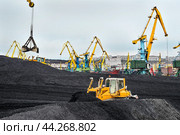 Гигантская гора угля в морском порту и бульдозер, который ее разгребает. Стоковое фото, фотограф Павел Просянов / Фотобанк Лори