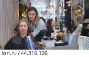 Portrait of young woman professional hair stylist talking to elderly female client in salon, choosing new hairdo. Стоковое видео, видеограф Яков Филимонов / Фотобанк Лори