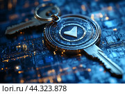 Ключи с иконкой мессенджера Telegram на материнской плате, концепция сквозного шифрования сообщений, ключи и коды доступа. Стоковое AI-изображение, AI-художник Щеголева Ольга / Фотобанк Лори