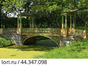 Small Chinese Bridge (no dragons) in Alexander Park on summer day. Tsarskoye Selo (Pushkin) near St Petersburg, Russia (2024 год). Редакционное фото, фотограф Валерия Попова / Фотобанк Лори