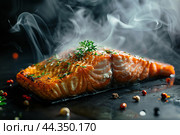 Hot smoked salmon fillet on a black board. Hot lox piece with steamed smoke. Dark background. Salmon steak served lemon, herbs cooking grill barbecue. Grilled red fish dish. Frying trout. Menu, recipe. Стоковое AI-изображение, AI-художник Марина Демидюк / Фотобанк Лори