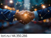 Handshake for teamwork of business merger and acquisition, successful negotiate. Hand shake, two businessman shake hand with partner to celebration partnership deal. Network effects for tech industry. Стоковое AI-изображение, AI-художник Марина Демидюк / Фотобанк Лори