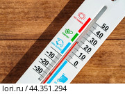 White Thermometer On Wooden Surface Showing A Temperature Of 15 Degrees Celsius. Стоковое фото, фотограф Сергей Толмачёв / Фотобанк Лори