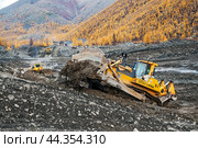Мощный Японский бульдозер Komatsu d475 в горной местности, снимает верхний слой грунта. Золотодобывающая промышленность Якутии ( Оймяконский район ) (2009 год). Редакционное фото, фотограф Павел Просянов / Фотобанк Лори