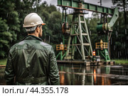 Oil production. An oil well and a man in work clothes and a construction helmet. Oil platform and industrial equipment. Difficult working conditions. Стоковое AI-изображение, AI-художник Photojuli / Фотобанк Лори