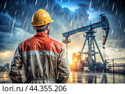 Oil production. An oil well and a man in work clothes and a construction helmet. Oil platform and industrial equipment. Difficult working conditions. Стоковое AI-изображение, AI-художник Photojuli / Фотобанк Лори