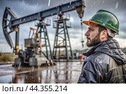 Oil production. An oil well and a man in work clothes and a construction helmet. Oil platform and industrial equipment. Difficult working conditions. Стоковое AI-изображение, AI-художник Photojuli / Фотобанк Лори