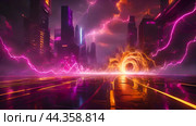 A futuristic city with electric discharges. Стоковое AI-изображение, AI-художник Галина Эмберг / Фотобанк Лори
