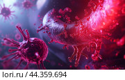 Microscopic view of viruses invading human cells in vibrant colors illustrating biological processes during the infection phase. Стоковое AI-изображение, AI-художник Сергей Толмачёв / Фотобанк Лори
