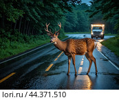 Drivers are wary about risk of hitting deer, colliding with an animal cause damage to car. Стоковое AI-изображение, AI-художник Владимир Григорьев / Фотобанк Лори