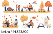 Autumn activities in a vibrant park featuring families enjoying nature, picnics, and leisurely strolls. Стоковое AI-изображение, AI-художник Сергей Толмачёв / Фотобанк Лори