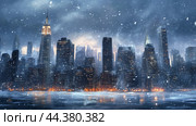 Snow-covered skyline view of New York City during a winter storm at twilight revealing iconic buildings in a magical atmosphere. Стоковое AI-изображение, AI-художник Сергей Толмачёв / Фотобанк Лори