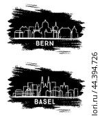Basel and Bern Switzerland City Skyline Silhouette set. Hand Drawn Sketch. Business Travel and Tourism Concept with Modern Architecture. Cityscape with Landmarks. Стоковая иллюстрация, иллюстратор Игорь Сорокин / Фотобанк Лори