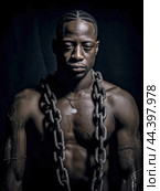 Juneteenth, a day for freedom - African man prisoner in chain slavery concept. Стоковое AI-изображение, AI-художник Veniamin Kraskov / Фотобанк Лори