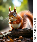 The red squirrel (Sciurus vulgaris) is a rodent of the squirrel family. A small animal with an elongated slender body and a fluffy tail with a "comb". Its body length is 19.5–28 cm, tail — 13–19 cm, weight — 250–340 g. Стоковое AI-изображение, AI-художник Сергей Елизарьев / Фотобанк Лори