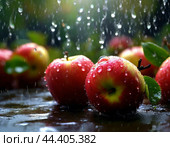 Капли дождя на спелых яблоках. Яблочный Спас один из первых праздников урожая; день, с которого, по поверьям, природа разворачивалась от лета к осени и зиме. Стоковое AI-изображение, AI-художник Сергей Елизарьев / Фотобанк Лори