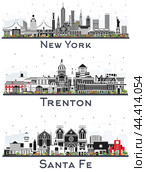 Trenton New Jersey, Santa Fe New Mexico and New York USA City Skyline Set. Стоковая иллюстрация, иллюстратор Игорь Сорокин / Фотобанк Лори