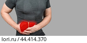 Liver pain. highlighted painful liver of man on grey background. man having liver ache, painful area highlighted in red. copy space. Стоковое фото, фотограф Павел Муравьев / Фотобанк Лори
