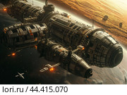 Dynamic 3D render of a space station orbiting a distant planet, with spaceships docking and departing, created by ai. Стоковое AI-изображение, AI-художник Виталий Сова / Фотобанк Лори