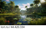 Epic view of swampy jungle with warm water in summer. Стоковое AI-изображение, AI-художник Veniamin Kraskov / Фотобанк Лори
