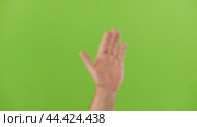 Waving Hand Emoji. Man Gesturing Hello, Hi, Bye. Male Hand Showing Sign of Greeting or Goodbye. Isolate Chroma Key Green Screen Background. Body Language. Close Up. Isolated Emoticon Gesture. Saluting. Стоковое видео, видеограф Марина Демидюк / Фотобанк Лори