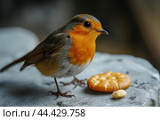 Peckish Bird take cracker food. Generate Ai. Стоковое AI-изображение, AI-художник Иван Рябоконь / Фотобанк Лори