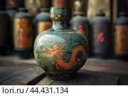 Antique chinese dragon vase on wooden background. Стоковое AI-изображение, AI-художник Иван Рябоконь / Фотобанк Лори