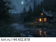 Enchanted moonlit cabin by the river. Стоковое AI-изображение, AI-художник Иван Рябоконь / Фотобанк Лори