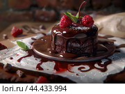 Decadent chocolate lava cake with berries. Стоковое AI-изображение, AI-художник Иван Рябоконь / Фотобанк Лори