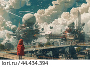 Futuristic cityscape with spectator in red. Стоковое AI-изображение, AI-художник Иван Рябоконь / Фотобанк Лори
