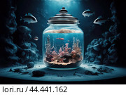 Glass jar with tropical fish, corals and algae on the bottom of the sea or ocean. Fish are looking at the jar. Стоковое AI-изображение, AI-художник Евгений Ткачёв / Фотобанк Лори