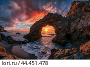 Majestic sunset at sea arch cove. Стоковое AI-изображение, AI-художник Иван Рябоконь / Фотобанк Лори