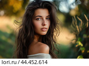 Radiant Beautiful young brunette lady with long modern haircut. Generate ai. Стоковое AI-изображение, AI-художник Иван Рябоконь / Фотобанк Лори