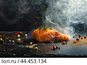 Hot smoked salmon fillet on black plate. Hot lox piece with steamed smoke. Dark background. Salmon steak served lemon, herbs cooking grill barbecue. Grilled red fish dish. Frying trout. Menu, recipe. Стоковое AI-изображение, AI-художник Марина Демидюк / Фотобанк Лори