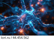Digital illustration of neuron cells with glowing synapses representing neural activity. Стоковое AI-изображение, AI-художник Иван Рябоконь / Фотобанк Лори