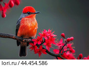 Vibrant vermilion flycatcher perched on blossoming branch. Стоковое AI-изображение, AI-художник Иван Рябоконь / Фотобанк Лори