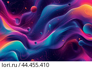 Vibrant abstract background with flowing waves and floating orbs in a cosmic setting. Стоковое AI-изображение, AI-художник Иван Рябоконь / Фотобанк Лори