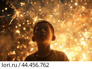 Child in awe amidst sparkling fireworks. Стоковое AI-изображение, AI-художник Иван Рябоконь / Фотобанк Лори