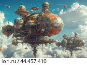 Steampunk city floating among clouds. Стоковое AI-изображение, AI-художник Иван Рябоконь / Фотобанк Лори