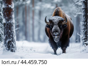 Wooded Bison snow forest. Generate Ai. Стоковое AI-изображение, AI-художник Иван Рябоконь / Фотобанк Лори
