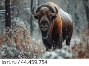 Dense Bison animal snow forest. Generate Ai. Стоковое AI-изображение, AI-художник Иван Рябоконь / Фотобанк Лори