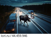 Moose crosses road at dusk, creating risk of collision with wild animal. Стоковое AI-изображение, AI-художник Владимир Григорьев / Фотобанк Лори