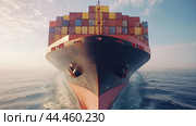 Large cargo ship navigating through calm waters, transporting colorful containers at sunrise. Стоковое AI-изображение, AI-художник Сергей Толмачёв / Фотобанк Лори