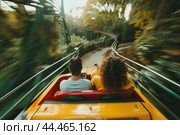 Thrilling roller coaster ride through lush greenery. Стоковое AI-изображение, AI-художник Иван Рябоконь / Фотобанк Лори