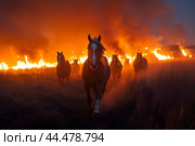 Кони мчатся, спасаются от огня. Стоковое AI-изображение, AI-художник Щеголева Ольга / Фотобанк Лори