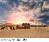 Quseir (Qasr) Amra desert castle (against the sky with clouds) near Amman, Jordan. World heritage with famous fresco's. (2016 год). Стоковое фото, фотограф Владимир Журавлев / Фотобанк Лори